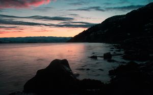 Preview wallpaper lake, shore, mountains, sunset, dusk, landscape