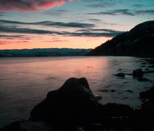 Preview wallpaper lake, shore, mountains, sunset, dusk, landscape