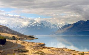 Preview wallpaper lake, shore, mountains, clouds