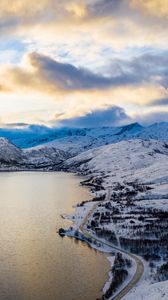 Preview wallpaper lake, shore, road, mountains, snow