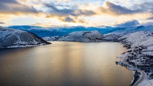 Preview wallpaper lake, shore, road, mountains, snow