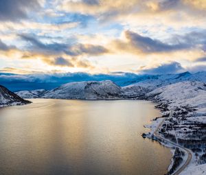 Preview wallpaper lake, shore, road, mountains, snow