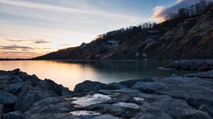 Preview wallpaper lake, shore, rocks, dusk, nature