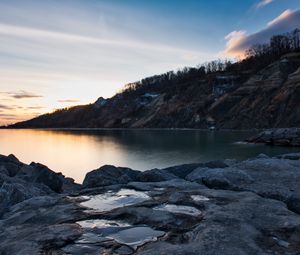 Preview wallpaper lake, shore, rocks, dusk, nature