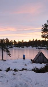 Preview wallpaper lake, shore, snow, nature, man