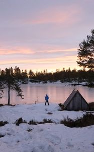 Preview wallpaper lake, shore, snow, nature, man