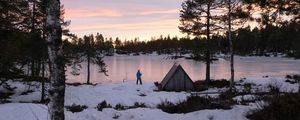 Preview wallpaper lake, shore, snow, nature, man