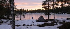 Preview wallpaper lake, shore, snow, nature, man