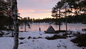 Preview wallpaper lake, shore, snow, nature, man