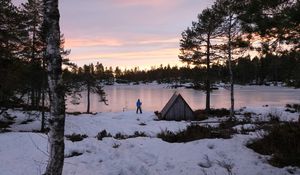 Preview wallpaper lake, shore, snow, nature, man