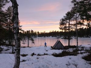 Preview wallpaper lake, shore, snow, nature, man