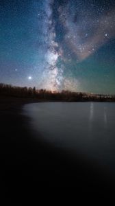 Preview wallpaper lake, shore, starry sky, night, dark