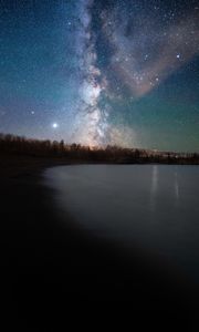 Preview wallpaper lake, shore, starry sky, night, dark