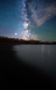 Preview wallpaper lake, shore, starry sky, night, dark