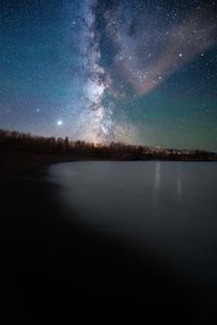 Preview wallpaper lake, shore, starry sky, night, dark