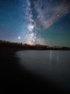 Preview wallpaper lake, shore, starry sky, night, dark