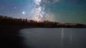 Preview wallpaper lake, shore, starry sky, night, dark