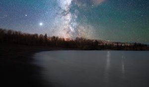 Preview wallpaper lake, shore, starry sky, night, dark