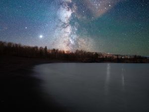 Preview wallpaper lake, shore, starry sky, night, dark