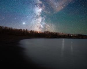 Preview wallpaper lake, shore, starry sky, night, dark