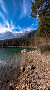 Preview wallpaper lake, shore, stones, forest, mountains