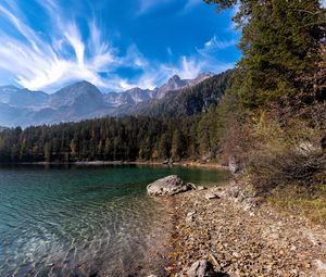 Preview wallpaper lake, shore, stones, forest, mountains