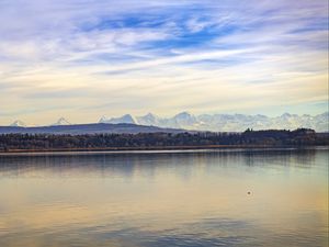 Preview wallpaper lake, shore, trees, forest, mountains, landscape