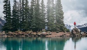 Preview wallpaper lake, shore, trees, stones, silhouette, mountains