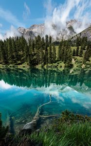 Preview wallpaper lake, shore, trees, mountains, reflection