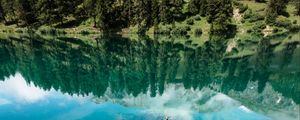 Preview wallpaper lake, shore, trees, mountains, reflection