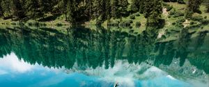 Preview wallpaper lake, shore, trees, mountains, reflection