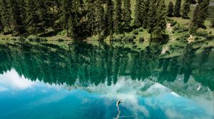 Preview wallpaper lake, shore, trees, mountains, reflection