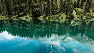 Preview wallpaper lake, shore, trees, mountains, reflection