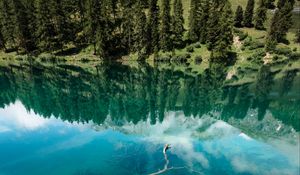 Preview wallpaper lake, shore, trees, mountains, reflection