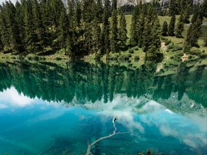 Preview wallpaper lake, shore, trees, mountains, reflection