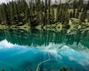 Preview wallpaper lake, shore, trees, mountains, reflection