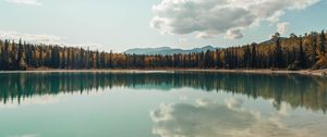 Preview wallpaper lake, shore, trees, clouds, reflection, landscape