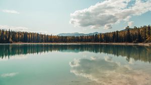 Preview wallpaper lake, shore, trees, clouds, reflection, landscape