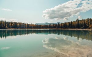 Preview wallpaper lake, shore, trees, clouds, reflection, landscape