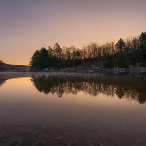 Preview wallpaper lake, shore, trees, reflection, dusk