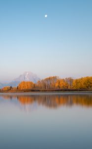 Preview wallpaper lake, shore, trees, mountain, moon, landscape