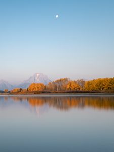 Preview wallpaper lake, shore, trees, mountain, moon, landscape