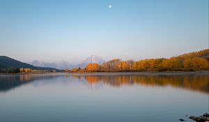 Preview wallpaper lake, shore, trees, mountain, moon, landscape