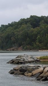 Preview wallpaper lake, shore, trees, stones, water