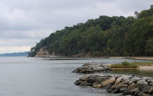 Preview wallpaper lake, shore, trees, stones, water