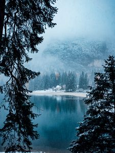 Preview wallpaper lake, shore, winter, blizzard, landscape