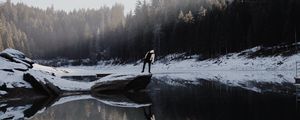 Preview wallpaper lake, silhouette, stone, snow, trees, reflection