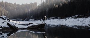 Preview wallpaper lake, silhouette, stone, snow, trees, reflection