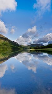 Preview wallpaper lake, sky, mountains, reflection, mirror, smooth surface, midday