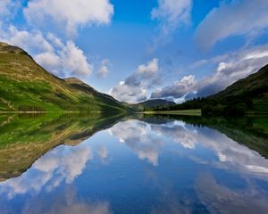 Preview wallpaper lake, sky, mountains, reflection, mirror, smooth surface, midday